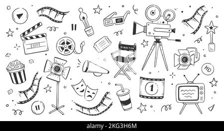 Kinokritzel, Filmhintergrund. Handgezeichneter Skizzenfilm, Kino-Element-Design. Klapperboard, Popcorn, Filmband Doodle Vektor Illustration. Stock Vektor