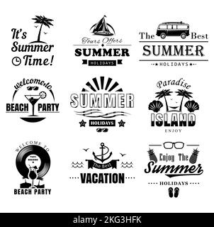 Vector Set von Sommercamp, Busfahrt, Strandparty, tropischen Urlaub vintage Logos, Embleme, Etiketten und Abzeichen. Schwarzweißabbildung in Schwarzweiß Stock Vektor