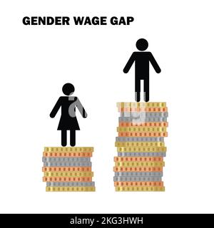 Mann und Frau stehen auf verschiedenen Münzstapeln, geschlechtsspezifischen Unterschieden und Ungleichheiten im Gehaltskonzept Stock Vektor