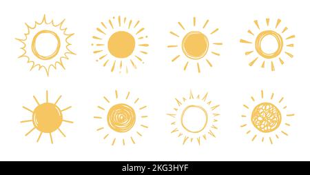 Skizzendarstellung „Doodle Sun“. Handgezeichneter niedlicher orangefarbener Sonnenuntergang. Scribble Doodle Kinder gezeichnet Stil. Vektorgrafik Stock Vektor