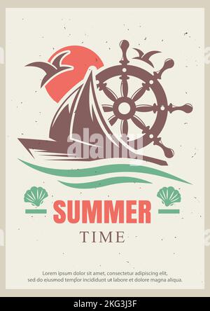 Sommer Zeit Grunge Typografie Poster Design Vorlage, Vektor-Illustration im Retro-Stil. Kreuzfahrt-Urlaub, Yacht-Reise-Konzept für Banner, Flyer. Stock Vektor