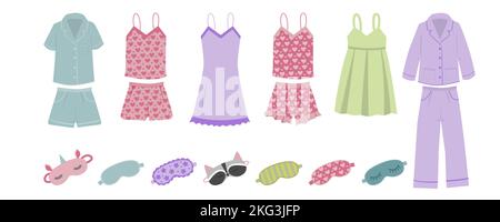 Schlafanzug für Damen, Nachtwäsche für Damen, modische Kollektion Schlafanzug-Set. Vektor im flachen Stil Stock Vektor