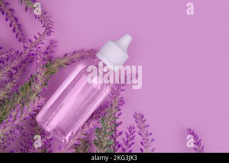 Lavendelblumen und transparente Flasche mit flüssigem Lavendelextrakt liegen auf pinkfarbenem Hintergrund mit Kopierbereich Stockfoto