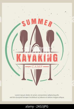 Sommer Kajakfahren Grunge Typografie Poster Design Vorlage, Vektor-Illustration im Retro-Stil. Kajak und Paddel, Wassersportkonzept für Bann Stock Vektor