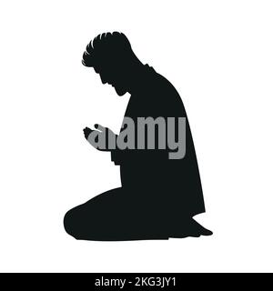 Ein Vektorbild einer Silhouette eines muslimischen Mannes, der betet und um Hilfe bittet Stock Vektor