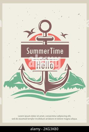 Hallo Sommer Zeit Grunge Typografie Poster Design Vorlage, Vektor-Illustration im Retro-Stil. Kreuzfahrt, Seereise, Yacht-Trip-Konzept für Banner, Fly Stock Vektor