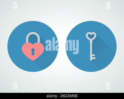 Herzschloss und Schlüsselemblem. Vektorgrafik, flaches Design Stock Vektor