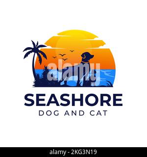 Vektor-Illustration Haustiere Hund und Katze Insel Blick Hintergrund, See, Sonne kann PET-Shop verwendet werden Stock Vektor