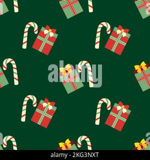 Candy Cane süßen Sticks und präsentiert nahtlose Vektor-Muster. Weihnachten oder Neujahr festliche Hintergrund Wiederholung mit traditionellen festlichen Motiven Stock Vektor