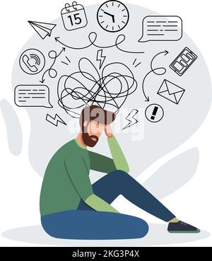 Mann fühlt sich Stress wegen zu viel Arbeit. Multitasking, Burnout, Depression oder Frustration Konzept Stock Vektor