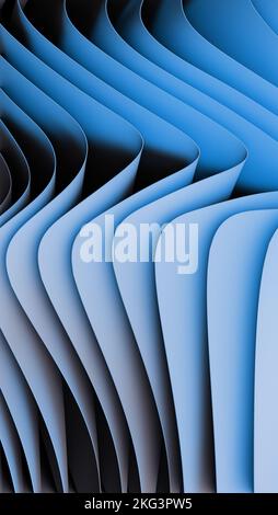 3D-Rendering: 3-dimensionale gekrümmte Seiten, die sich in blauem Licht und Schatten Wellen. Vertikale Ausrichtung 4K, 5k+ Auflösung Stockfoto