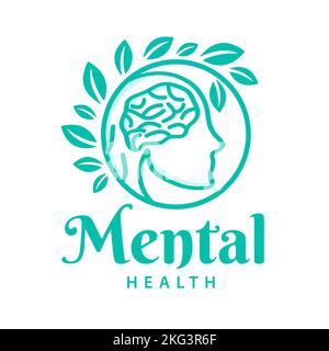 Mental Health Logo mit Gehirn und grünen Blättern. Vektor-Konzept für Krankenhaus, menschlicher Kopf. Anatomie des menschlichen Gehirns Stock Vektor