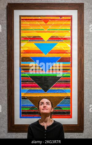 London, Großbritannien. 21.. November 2022. Sayed Haider Raza, Pooja, est £1.500 - £2.000 - der Verkauf moderner und zeitgenössischer südasiatischer Kunst in der Bonhams New Bond Street. Kredit: Guy Bell/Alamy Live Nachrichten Stockfoto