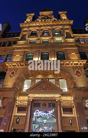 Manchester Corn Exchange-Gebäude, bei Nacht, 1, Exchange Square Central, High Street, Manchester, England, Großbritannien, M3 1BD Stockfoto