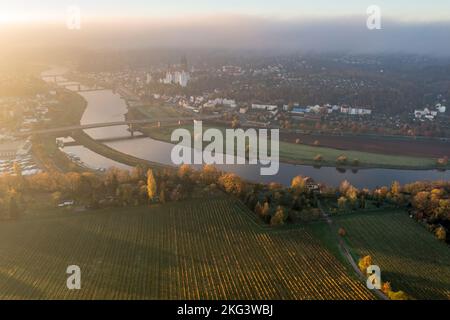 Blick aus der Vogelperspektive über den Proschwitz Weinberg und die Elbe bis in die Stadt Meissen mit Schloss Albrechtsburg, Sonnenaufgang im Herbst, Deutschland Stockfoto