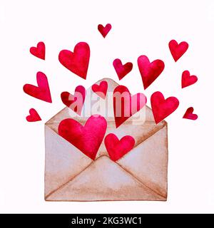 Umschlag mit roten Herzen. Festliches Herzkonfetti. Handgemalte Aquarelle zum Valentinstag für Design. Stockfoto