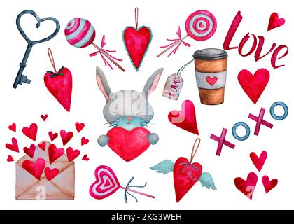 Set mit valentinstag-Elementen, Liebessymbolen und niedlichen Schriftzügen. Sammlung von Aquarellabbildungen. Stockfoto