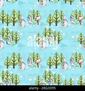 Handgezeichnetes nahtloses Winterwalddesign. Stockfoto