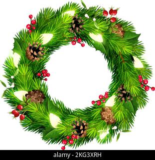 Weihnachtskranz mit grünen Tannenzweigen, Kiefernzapfen, Weihnachtslichtern, Heilige und Mistelzweigen. Vektordarstellung Stock Vektor