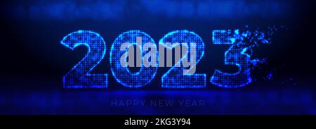 Abstrakt digital neon blue 2023 Text aus glühenden Partikeln. Punkte und Punkte bilden die Zahl des neuen Jahres. Breite weihnachten Website Baner. Neujahr Stock Vektor
