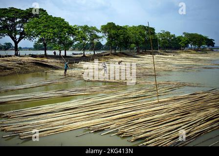 Schwimmender Bambusmarkt in Bangladesch Stockfoto