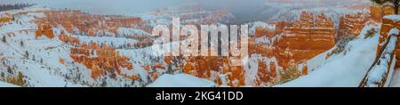 Blick auf die roten Felsnadeln des Bryce Canyon im Winter mit Schnee bei trübem Wetter fotografiert in Utah im Januar 2013 Stockfoto