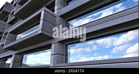 Weiße Wolken schweben über dem blauen Himmel, in Reflexion der Spiegelfenster eines futuristischen Appartementgebäudes mit einem Metalliz-Verbundwerkstoff Stockfoto