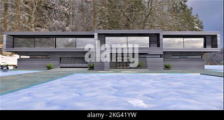 Schneebedeckte Fläche vor einem modernen Landhaus am Heiligabend. Schöner dichter Wald hinten. 3D-Rendering. Stockfoto