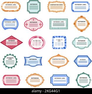 Notebook-Etiketten. Niedliche Scrapbooking Memo Rahmen, Besitzer Name Grenze und Tag Grafik Vektor-Set Stock Vektor