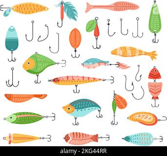 Angelköder. Fisch Köder mit Haken, Cartoon-Fischer-Angriff und künstliche Fische Formen Vektor-Set Stock Vektor