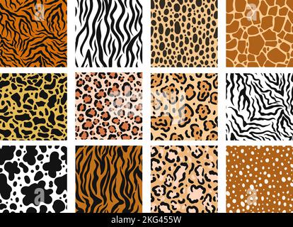 Tierhautmuster. Zoo-Drucke von Säugetieren Fell, Safari-Material und jaguar Mode Hintergrund. Nahtlose Vektor-Sets mit Zebra-, Giraffen- und Tigerkellen Stock Vektor