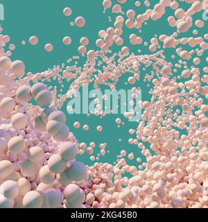 3D-Rendering: Explosion schwimmender Pfirsichpartikel mit pastellgrünem Hintergrund. 4K, 5k+ und 8k Stockfoto