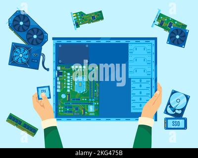 Computerbaugruppe. PC-Aufbau, Hardware-Reparatur oder CPU-Upgrade. Abbildung der PC-Komponenten zur Installation auf dem Gehäuse Stock Vektor