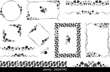 Retro-Trauben-Label-Elemente. Rebsorteneinteilung, Retro-Weinrahmen und Weinbergsrand. Rosinen-Vektorsatz Stock Vektor