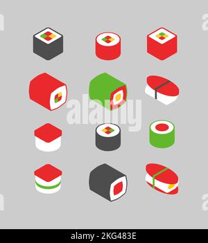 Sushi-Brötchen im Set. Traditionelle japanische Küche. Vektorgrafik Stock Vektor