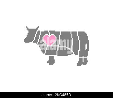 Kuh schneidet Fleisch Pixel Art. 8 Bit Metzger Manuelles Schlachten Rinderkadaver pixeliert Stock Vektor
