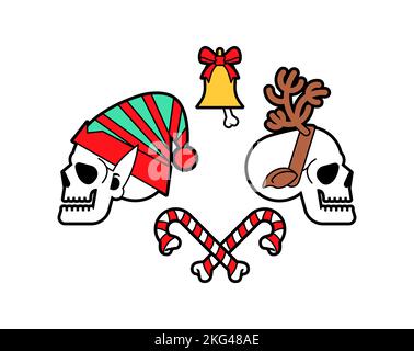 Weihnachtsschädel Set. Skelettkopf des Weihnachtsmannes und seiner Helfer. Weihnachten und Neujahr beängstigend Illustration. Stock Vektor