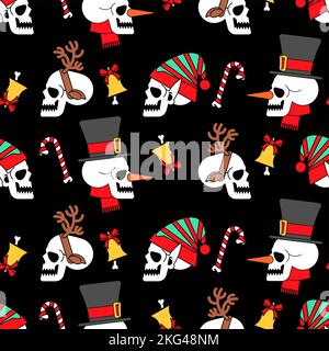 Weihnachten Totenköpfe Muster nahtlos. Skelett Kopf des Weihnachtsmanns und seine Helfer Textur. Weihnachten und Neujahr beängstigender Hintergrund. Stock Vektor