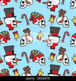 Weihnachten Totenköpfe Muster nahtlos. Skelett Kopf des Weihnachtsmanns und seine Helfer Textur. Weihnachten und Neujahr beängstigender Hintergrund. Stock Vektor