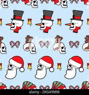 Weihnachten Totenköpfe Muster nahtlos. Skelett Kopf des Weihnachtsmanns und seine Helfer Textur. Weihnachten und Neujahr beängstigender Hintergrund. Stock Vektor
