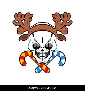 Totenschädel für Weihnachtshirsche. Skelettkopf mit Hirschgeweih. Weihnachten und Neujahr beängstigend Illustration. Stock Vektor