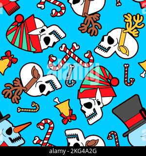 Weihnachten Totenköpfe Muster nahtlos. Skelett Kopf des Weihnachtsmanns und seine Helfer Textur. Weihnachten und Neujahr beängstigender Hintergrund. Stock Vektor