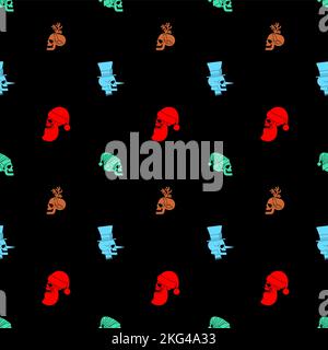 Weihnachten Totenköpfe Muster nahtlos. Skelett Kopf des Weihnachtsmanns und seine Helfer Textur. Weihnachten und Neujahr beängstigender Hintergrund. Stock Vektor