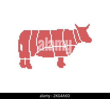 Kuh schneidet Fleisch Pixel Art. 8 Bit Metzger Manuelles Schlachten Rinderkadaver pixeliert Stock Vektor