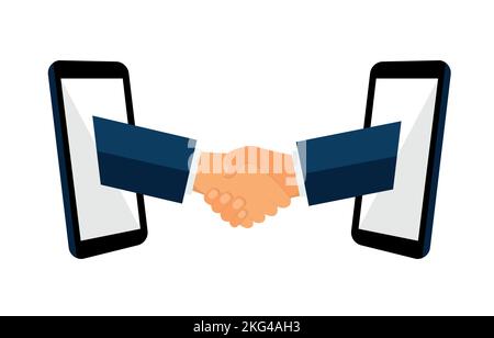 Business Handshake Vektor Illustration flach Stil. Online-Kommunikation, Handshake von zwei Geschäftsleuten auf Mobilgeräten, Geschäftsleute, die sich die Hände durch d schütteln Stock Vektor