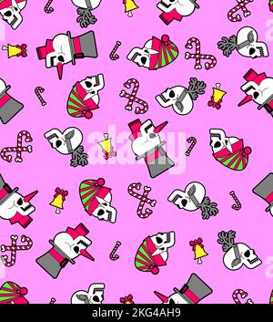 Weihnachten Totenköpfe Muster nahtlos. Skelett Kopf des Weihnachtsmanns und seine Helfer Textur. Weihnachten und Neujahr beängstigender Hintergrund. Stock Vektor