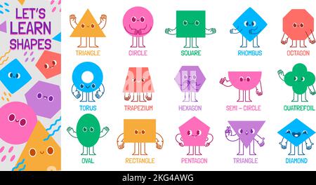 Geometrische Formzeichen. Lets lernen grundlegende Formen, pädagogische Figur Maskottchen für Kinder Vektor Illustration Set Stock Vektor