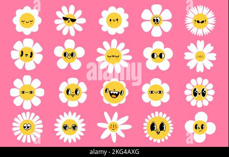 Cartoon Blumen Gesichter. Lächelndes Zeichen mit Blütenblättern, Frühlingsmaskottgesicht mit Augen und Lächeln. Retro groovy Mimik Vektor-Set Stock Vektor