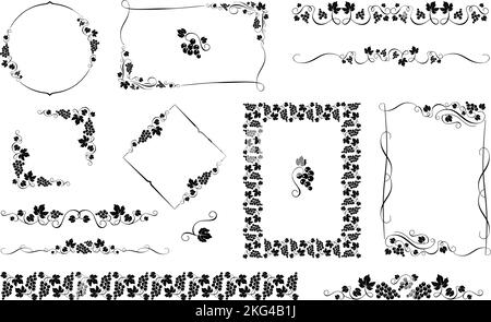 Retro-Trauben-Label-Elemente. Rebsorteneinteilung, Retro-Weinrahmen und Weinbergsrand. Rosinen-Vektorsatz Stock Vektor