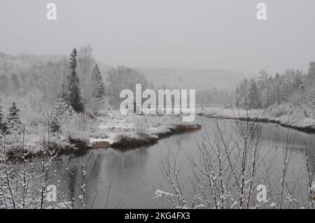 Winterlandschaft mit weißer Decke auf Bäumen, Fluss und einem grauen Himmel mit einem ruhigen Gefühl der Ruhe. Horizontales Foto. Stockfoto